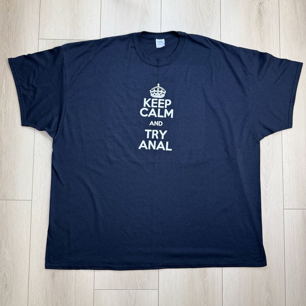 Funny Adult Humor T Shirt Mens 5XL Black Keep Calm Try Anal Graphic Tee Big Tall
